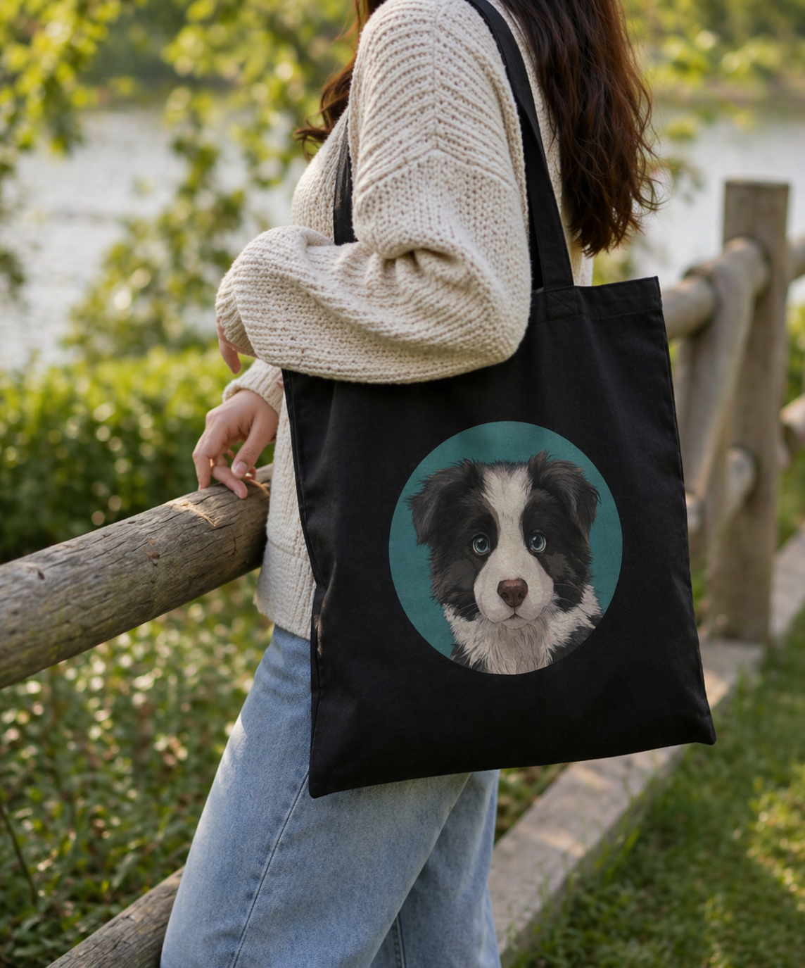 Person holding a black tote bag with a dog illustration, standing outdoors by a wooden fence.