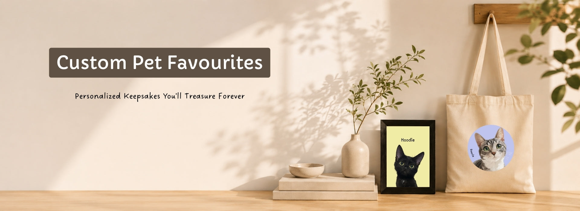 A styled product display featuring a beige canvas tote bag with a custom pet portrait, a small black-framed picture of a black cat, and a wooden sign reading 'Custom Pet Favourites' on a warm beige wall with leaf shadows.